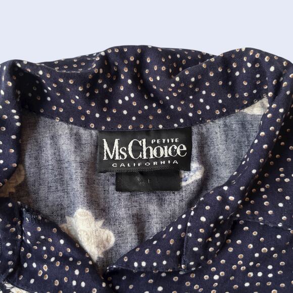 Ms Choice Petite 90s Rayon Button Blouse Navy Mixed Polka Dot Medallion 3/4 - Picture 3 of 6